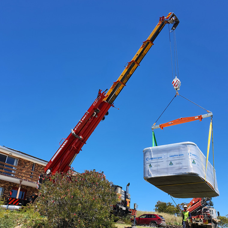 Swim spa delivery with crane 